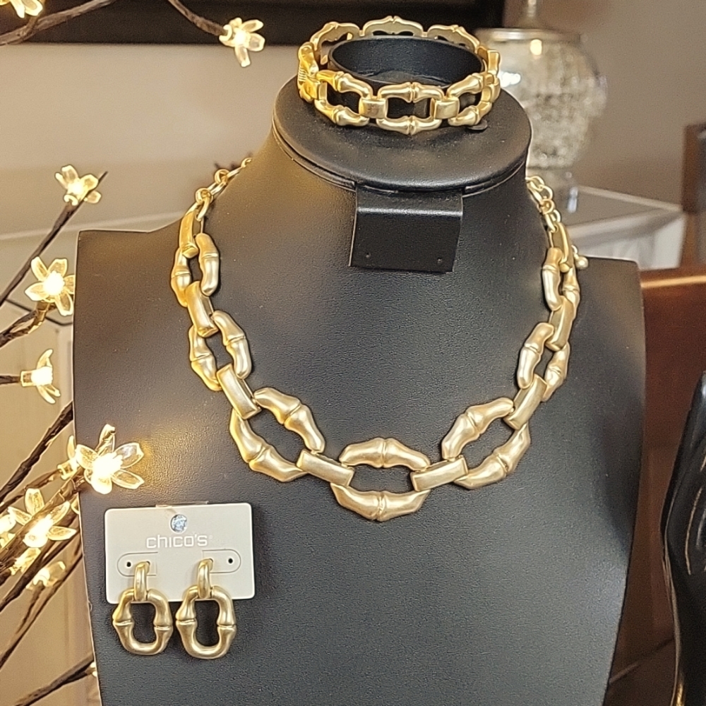 Chico's Goldtone Geometric Necklace, Bracelet and Earrings